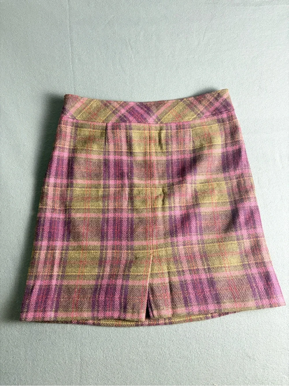 LL Bean Womens Sz 16 A-Line Purple Olive Plaid Wool Blend Skirt Lined, Side Zip